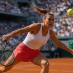 Aryna Sabalenka serving powerfully during a clay court match, wearing red and white tennis outfit, full motion action